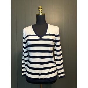 Tommy Hilfger Navy Blue Cream Striped Long Sleeve V Neck Pina Cotton Blend M Y2K